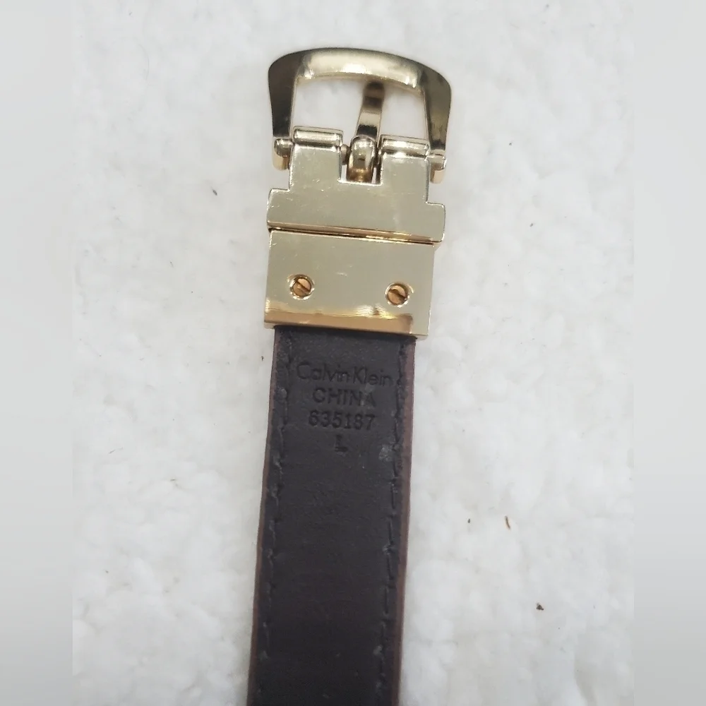 CALVIN KLEIN FANCY BROWN LEATHER THIN PANTS BELT GOLD‎ METAL SQUARE BUCKLE SZ L.